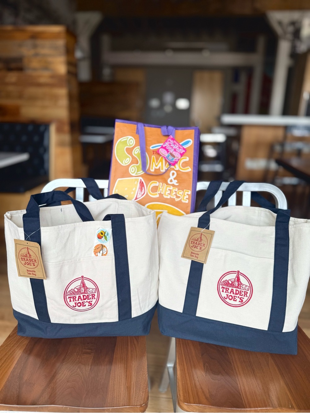 (2) LARGE Navy Trader Joe’s Canvas Tote Bags 🎁  + TJ Poly Bag 📬 SHIPS FAST!